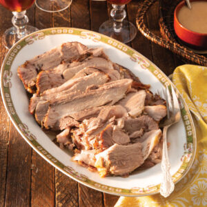 Sliced pork loin on a platter