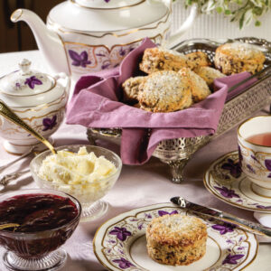 Tea spread with purple accents