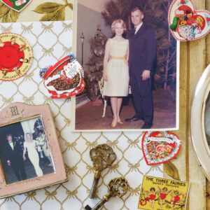 Old wedding photo with keys and stickers