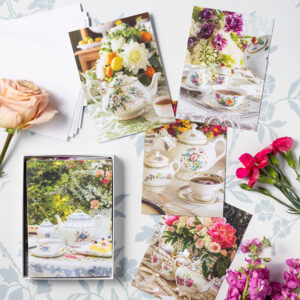 Note card spread with flowers on blue and white background