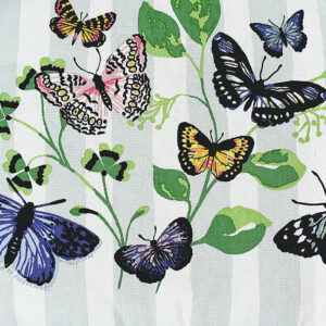 Butterfly tea cosy with blue stripe, purple, green, and pink
