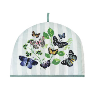 Butterfly tea cosy with blue stripe, purple, green, and pink
