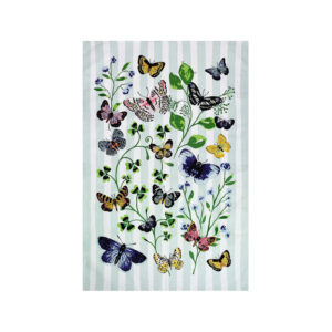 Butterfly tea towel with blue stripe and pink, purple butterflies and green leaves