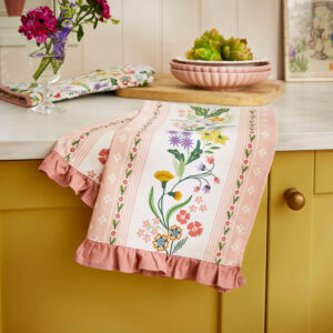 Pink stripe tea towel with green, pinks, and yellow