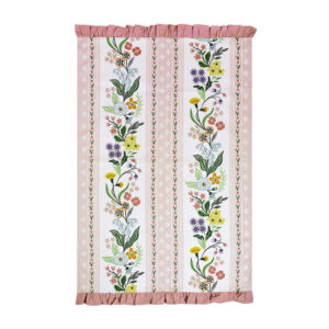 Pink stripe tea towel with green, pinks, and yellow