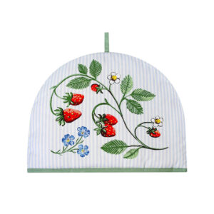 Tea cosy with green vine, blue flowers, and strawberries