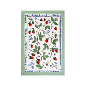 Tea towel with green vine, blue flowers, and strawberries
