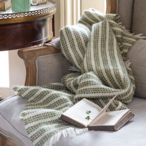 Green and white striped blanket with book on couch