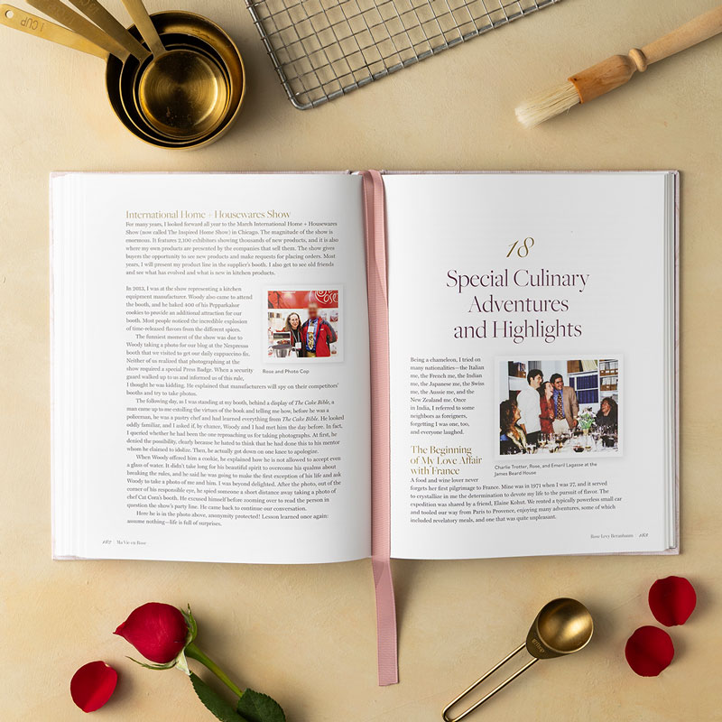 Ma Vie en Rose internal spreads with roses, gold measuring cups, and pastry brush