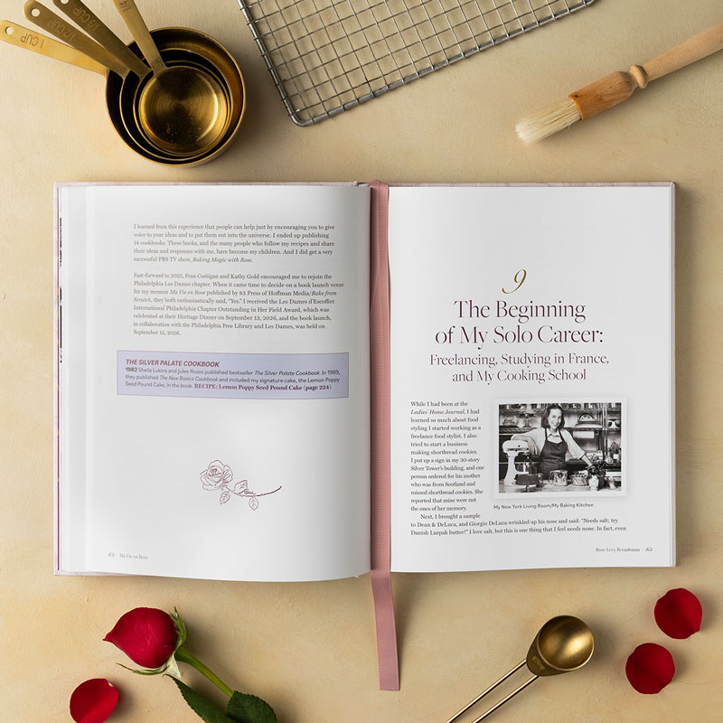 Ma Vie en Rose internal spreads with roses, gold measuring cups, and pastry brush