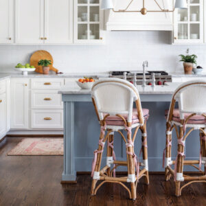 Kitchen island with patterned accent stools
