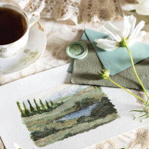 Painting of a meadow with green and blue accents and white flower