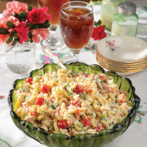 Macaroni salad in green dish