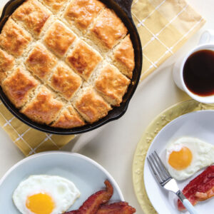 Cast iron biscuit and eggs and bacon