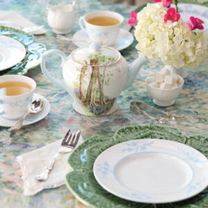 Green, blue, and white tea set up