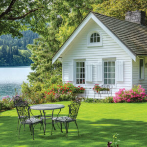 Cottage and table by a lake