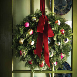 Wreath with ornaments and red bow