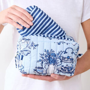 Quilted blue cosmetic pouches