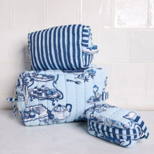 Quilted blue cosmetic pouches