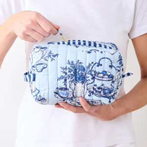 Quilted blue cosmetic pouches