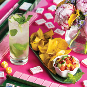 Mahjong with Chip and Dip Platter and Cocktail