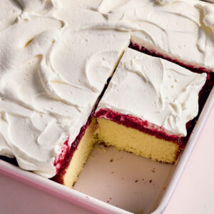 Sliced cake in square with fruit filling