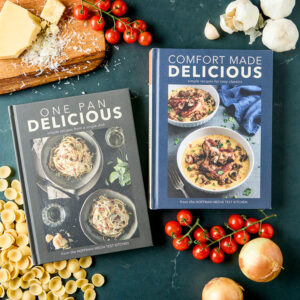 Delicious Duo styled bundle with tomatoes, onion, pasta, cheese, and garlic
