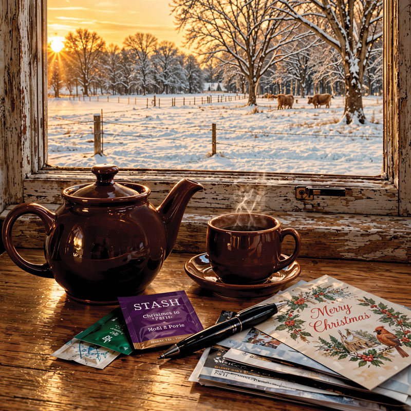 Teapot on a table with Christmas cards